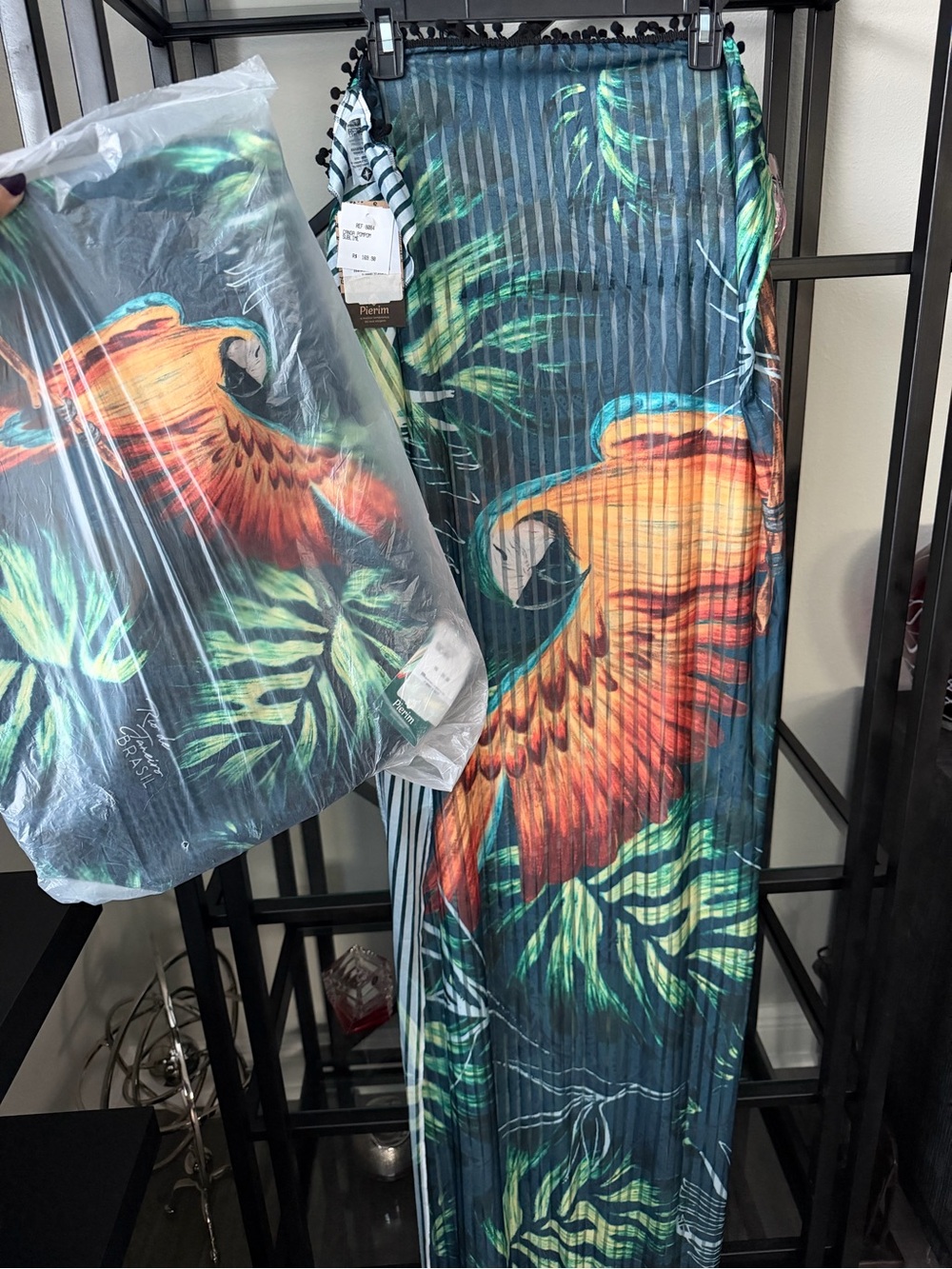 Tropical Parrot Print Pleated Swim Cover & Matching Bag – Blue & Orange